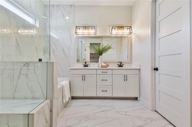 bathroom with a marble finish shower, double vanity, a sink, marble finish floor, and a washtub