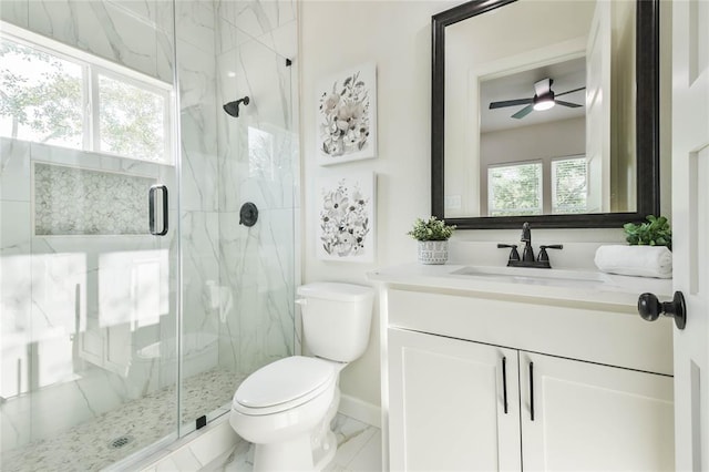 full bath with a wealth of natural light, a marble finish shower, and marble finish floor