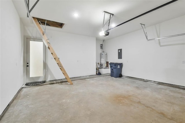 garage featuring gas water heater, electric panel, and a garage door opener