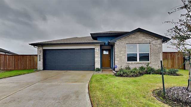 ranch-style house featuring brick siding, driveway, a garage, and fence