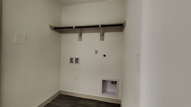 laundry room featuring dark wood-style floors, gas dryer hookup, hookup for an electric dryer, laundry area, and washer hookup