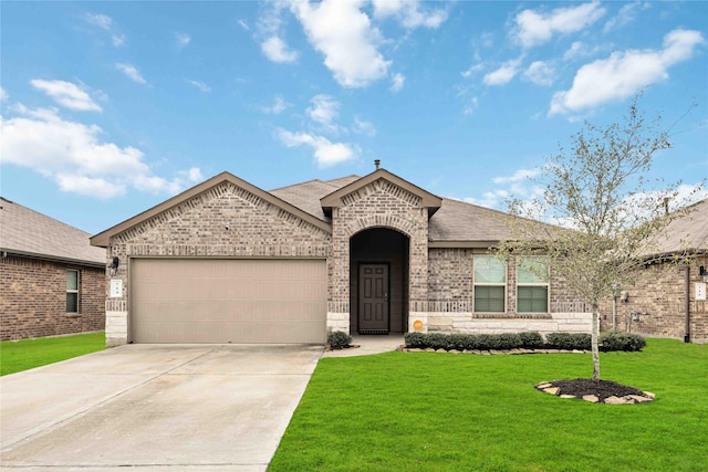 french country home with an attached garage, a shingled roof, concrete driveway, a front lawn, and brick siding