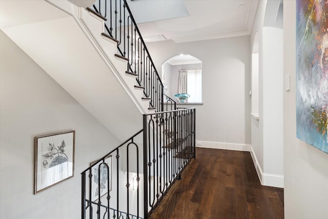 interior space with wood-type flooring, arched walkways, and baseboards
