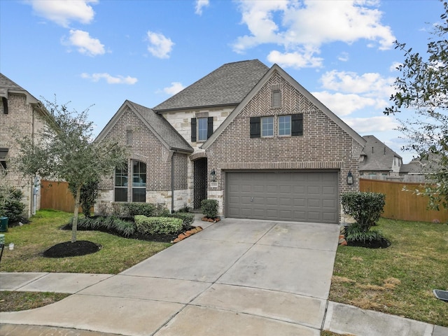 view of front of home featuring stone siding, fence, a front yard, a shingled roof, and brick siding