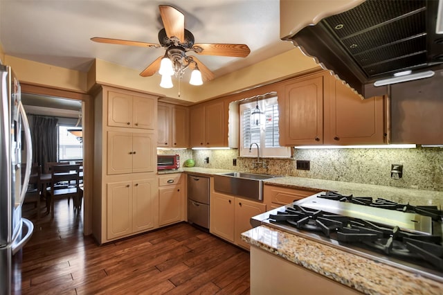 kitchen featuring a sink, backsplash, ventilation hood, stainless steel appliances, and dark wood-style flooring