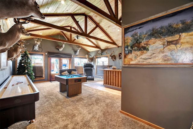 playroom with billiards, high vaulted ceiling, wood ceiling, beamed ceiling, and carpet flooring