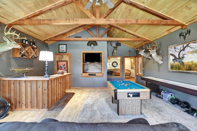 game room with pool table, wood ceiling, ceiling fan, and vaulted ceiling with beams