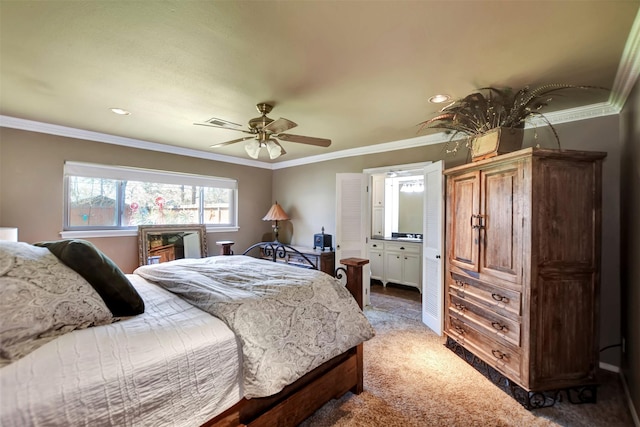 bedroom featuring light colored carpet, crown molding, and ceiling fan