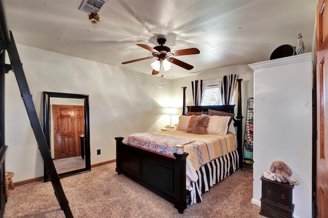 bedroom with visible vents, light colored carpet, a ceiling fan, and baseboards