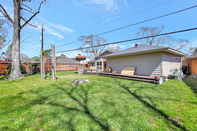 view of yard with a wooden deck and a fenced backyard