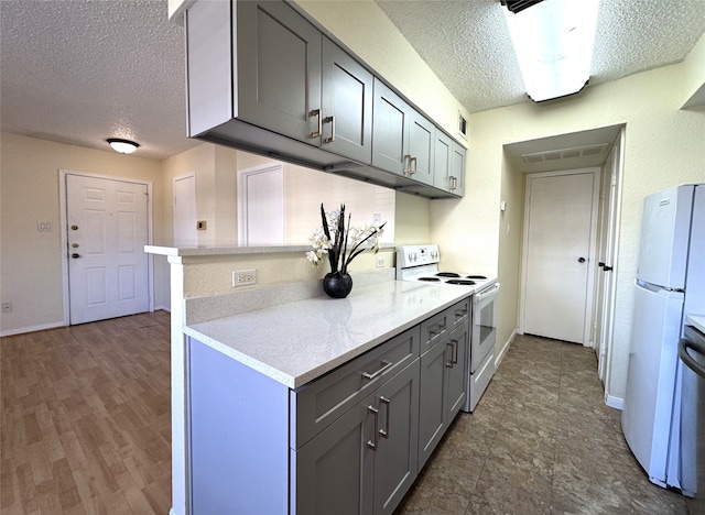 kitchen featuring white appliances, wood finished floors, gray cabinets, light countertops, and a textured ceiling