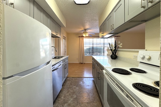 kitchen featuring white appliances, gray cabinetry, a sink, light countertops, and a textured ceiling