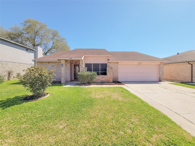 ranch-style home with a front lawn, brick siding, a garage, and driveway