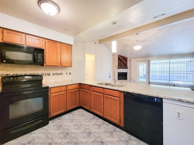 kitchen with black appliances, a sink, lofted ceiling with beams, tasteful backsplash, and brown cabinetry