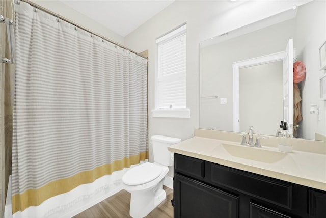 bathroom with vanity, toilet, and wood finished floors