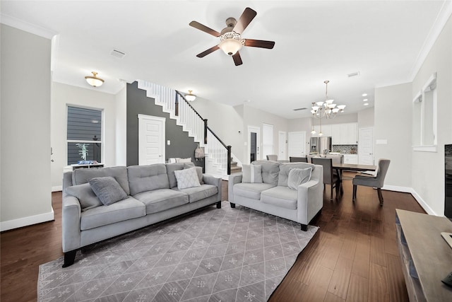 living room with stairway, ornamental molding, baseboards, and dark wood-style flooring