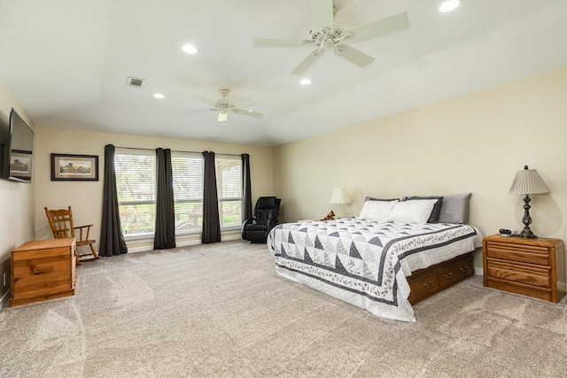 bedroom with a ceiling fan, visible vents, carpet floors, lofted ceiling, and recessed lighting