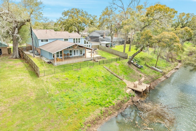 drone / aerial view featuring a water view