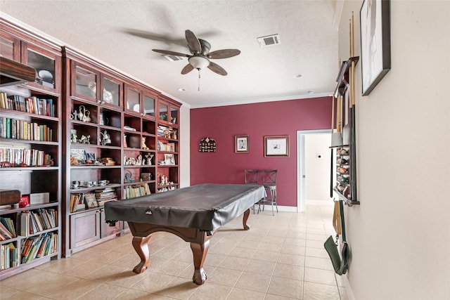21971 Blazing Trl, New Caney, TX 77357 - rec room with light tile patterned flooring, a textured ceiling, visible vents, a ceiling fan, and pool table