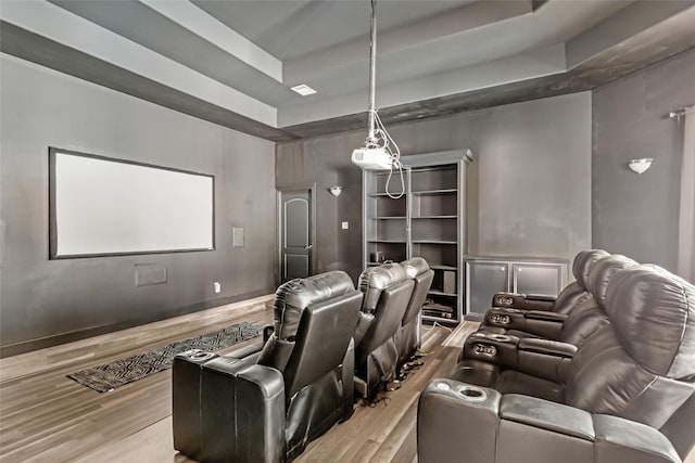 cinema featuring a tray ceiling and wood finished floors