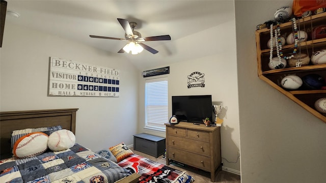 bedroom featuring a ceiling fan, vaulted ceiling, carpet, and baseboards