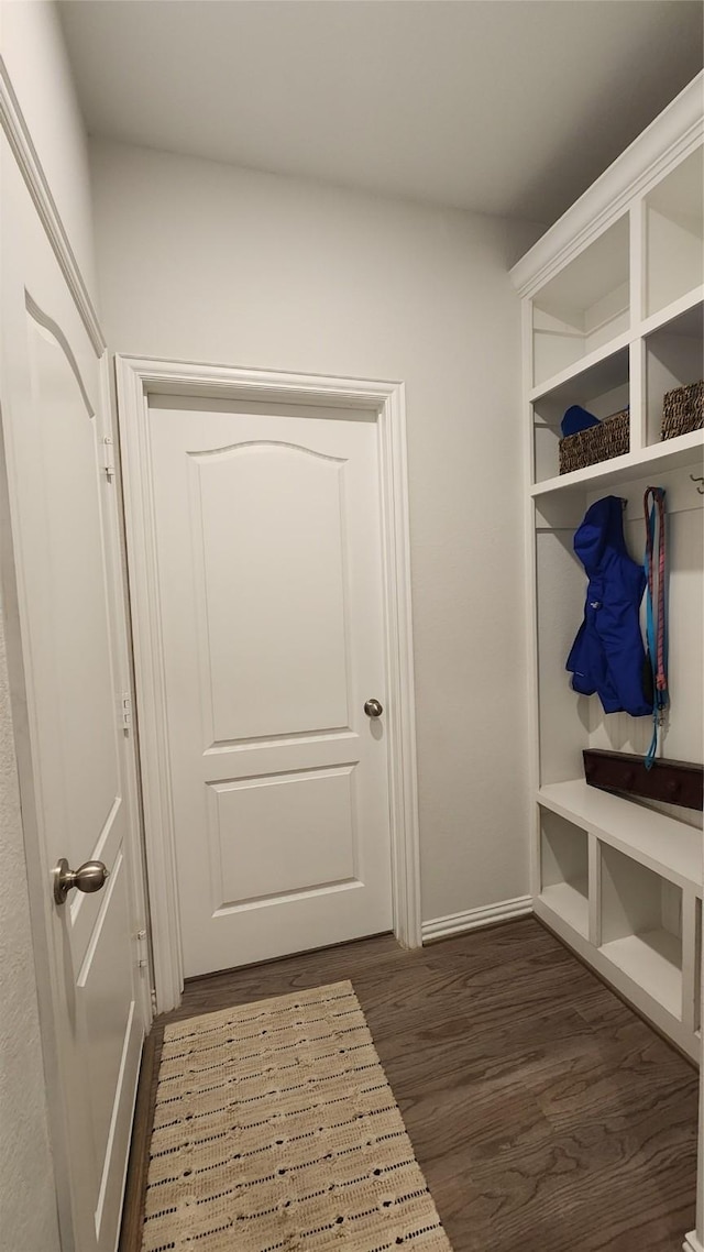 mudroom with baseboards and wood finished floors