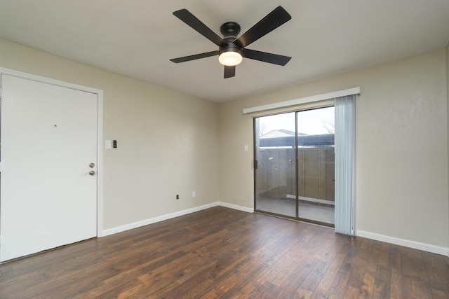 unfurnished room with ceiling fan, baseboards, and hardwood / wood-style floors