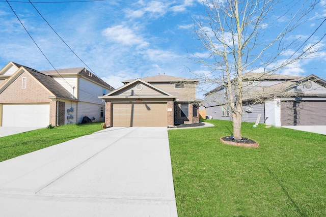 traditional home with brick siding, a garage, concrete driveway, and a front yard