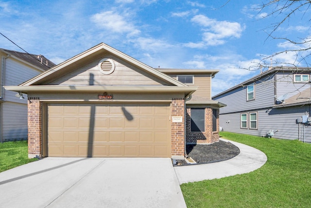 view of front of property with brick siding, a garage, concrete driveway, and a front lawn