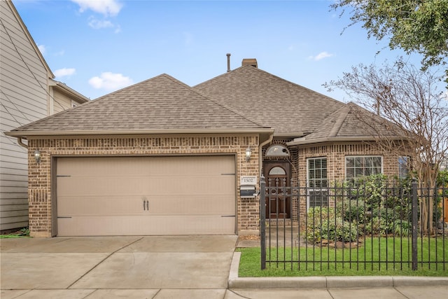 french country inspired facade with brick siding, an attached garage, concrete driveway, and roof with shingles