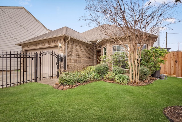 exterior space featuring brick siding, a front lawn, fence, an attached garage, and a gate