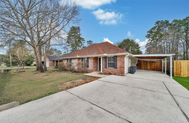 ranch-style house with brick siding, a front lawn, fence, roof with shingles, and driveway