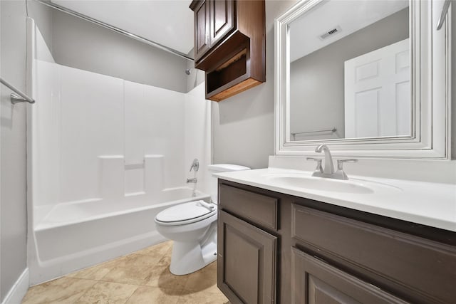 full bathroom with tile patterned flooring, visible vents, toilet, shower / bathing tub combination, and vanity