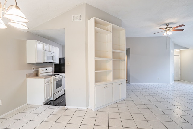 kitchen featuring visible vents, white cabinetry, white appliances, light tile patterned flooring, and light countertops