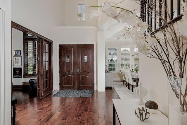 entrance foyer with dark wood-style floors, a healthy amount of sunlight, and a towering ceiling