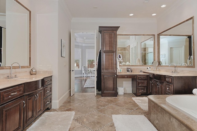 bathroom featuring baseboards, ornamental molding, recessed lighting, an enclosed shower, and a sink