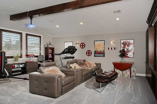 carpeted living area featuring lofted ceiling with beams, recessed lighting, visible vents, and baseboards