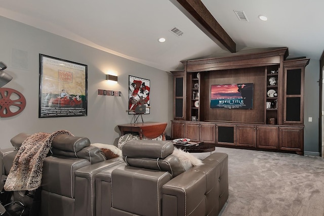 cinema room with light carpet, visible vents, recessed lighting, and vaulted ceiling with beams