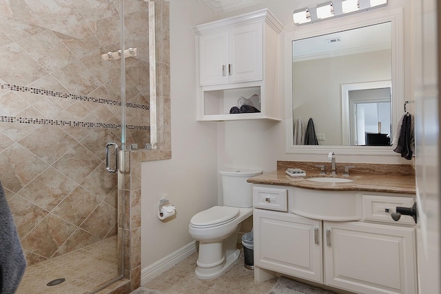 full bathroom featuring visible vents, a shower stall, toilet, ornamental molding, and vanity