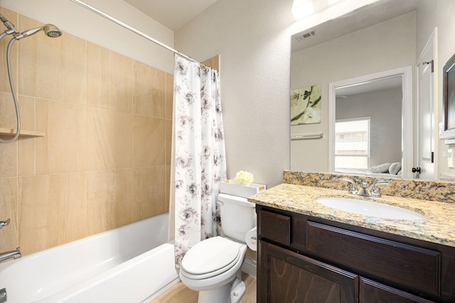 full bath with visible vents, shower / bathtub combination with curtain, toilet, and vanity