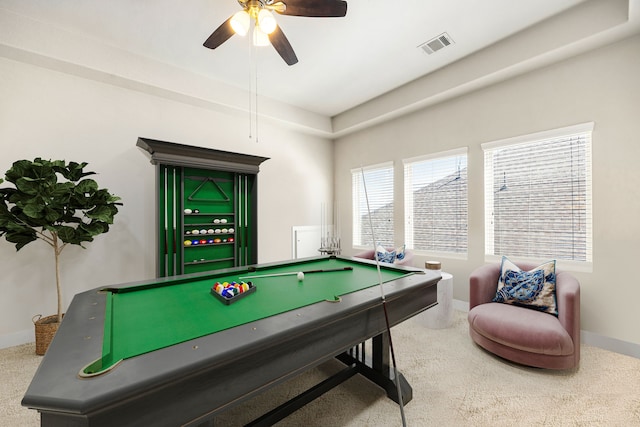 rec room featuring visible vents, billiards, carpet floors, baseboards, and ceiling fan