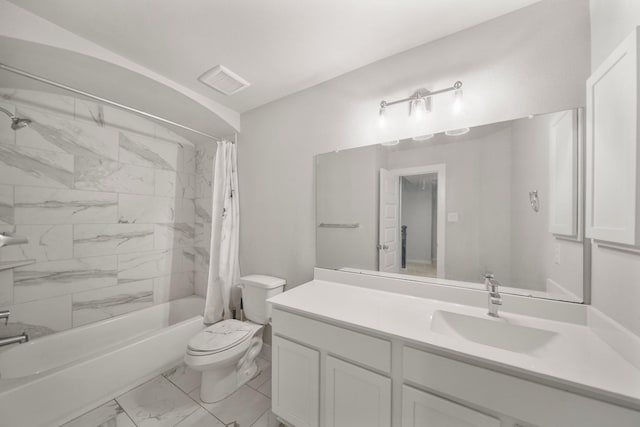 bathroom featuring visible vents, toilet, marble finish floor, shower / tub combo, and vanity