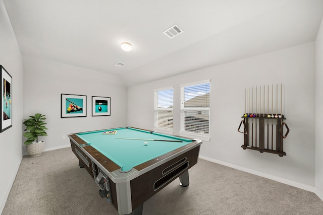 playroom featuring visible vents, baseboards, vaulted ceiling, carpet floors, and billiards