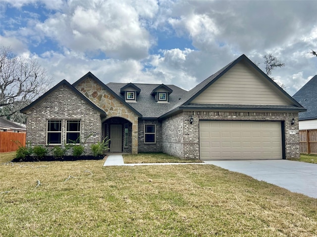 view of front of home with brick siding, a front lawn, fence, concrete driveway, and a garage