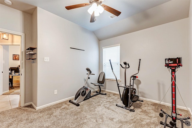 exercise room featuring a ceiling fan, visible vents, baseboards, lofted ceiling, and light carpet