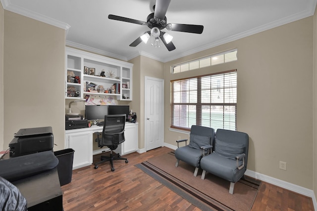 office area featuring dark wood finished floors, a ceiling fan, baseboards, and ornamental molding