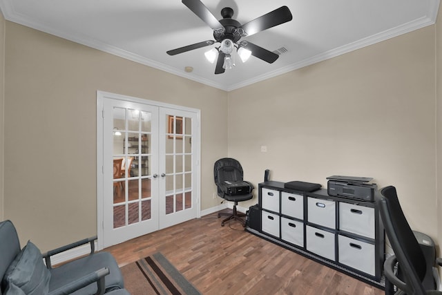 office featuring visible vents, crown molding, french doors, wood finished floors, and a ceiling fan