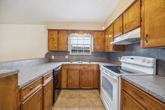 kitchen with under cabinet range hood, dishwasher, brown cabinets, white electric stove, and a sink