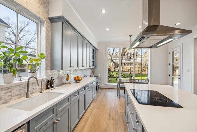 kitchen featuring a sink, gray cabinetry, crown molding, black electric stovetop, and island range hood