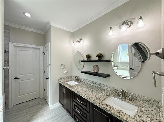 bathroom with crown molding, double vanity, baseboards, and a sink